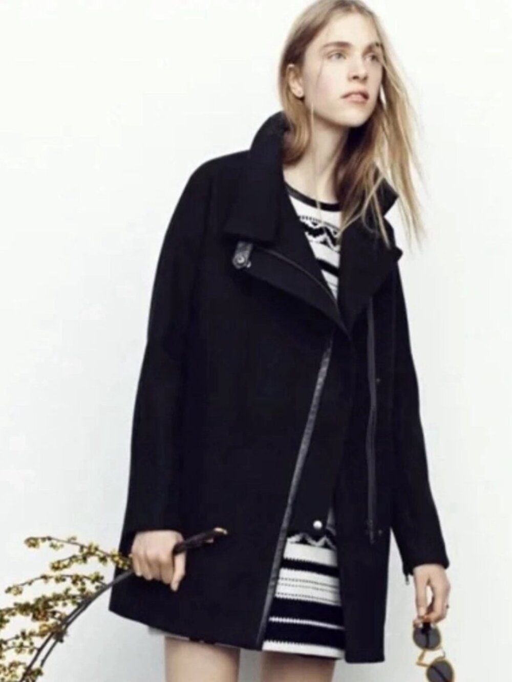 Madewell Womens City Grid Wool Blend Full Zip Peacoat In Black, Leather Trim-8
